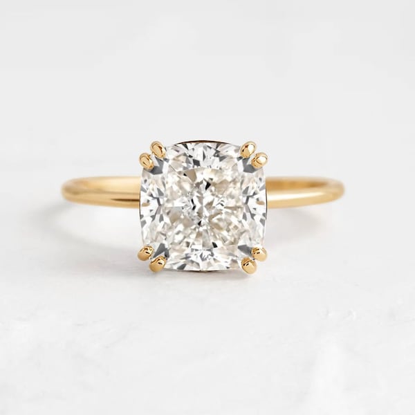 Cushion Cut Solitaire Moissanite Ring, 14K Solid Yellow Gold Moissanite Ring, Cushion Cut Moissanite Engagement Ring, Gift for Her