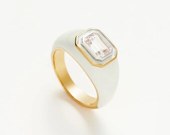 White Enamel Dome Ring 18K Yellow Gold Plated Ring Emerald Cut CZ Enamel Minimalist Ring 925 Sterling Silver Enamel Ring White Enamel Ring