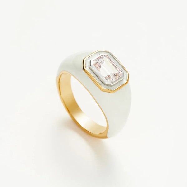 White Enamel Dome Ring 18K Yellow Gold Plated Ring Emerald Cut CZ Enamel Minimalist Ring 925 Sterling Silver Enamel Ring White Enamel Ring