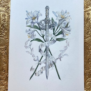May include: A watercolor painting of a silver sword with a decorative handle, surrounded by white lilies and a banner that reads "Forbidden Ring Sword".