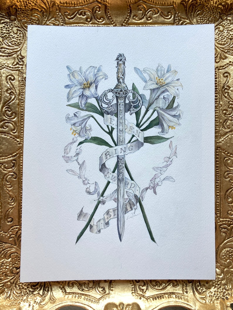 May include: A watercolor painting of a silver sword with a decorative handle, surrounded by white lilies and a banner that reads "Forbidden Ring Sword".