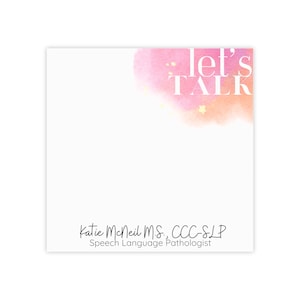 May include: A pink and orange watercolor background with gold glitter. The text "let's talk" is written in white. Below the watercolor is the text "Katie McNeil M.S., CCC-SLP Speech Language Pathologist".