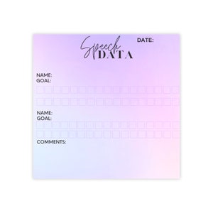May include: A printable speech data tracker with a gradient background in shades of purple and blue. The tracker has sections for name, goal, and comments. There are also two sections with blank squares for data entry.