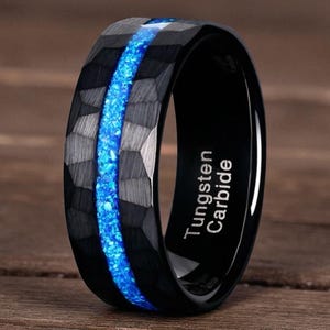 Hammered Black Tungsten Ring: Blue Opal Inlay, Meteorite Wedding Band