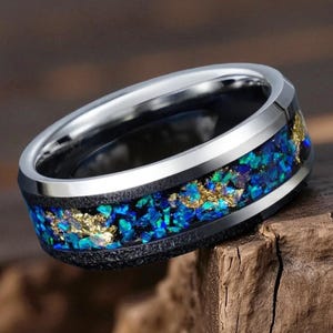 Handmade Tungsten Ring: Blue Opal Gold Flake Inlay, Woodgrain Wedding Band