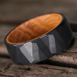 Whiskey Barrel Wood Ring - Faceted Black Tungsten Wedding Band