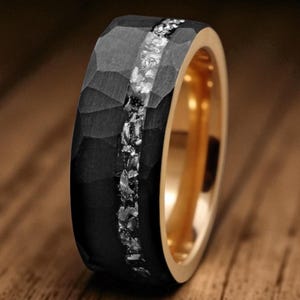 Hammered Black Tungsten Wedding Band: Rose Gold Inlay, Comfort Fit