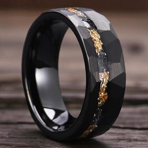 Black Hammered Tungsten Wedding Band: Meteorite & Gold Leaf Inlay, 8mm