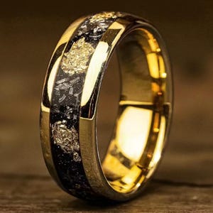 Gold Tungsten Ring with Meteorite & Gold Leaf Inlay | Men’s Wedding Band | Unique Galaxy Ring | Cosmic Space Jewelry Gift for Him