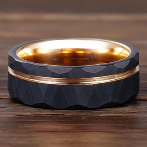 Faceted Black Tungsten Ring with Rose Gold Edges: Rustic Wedding Band