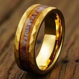 Deer Antler Wedding Band: Hammered Gold Whiskey Barrel Wood Ring
