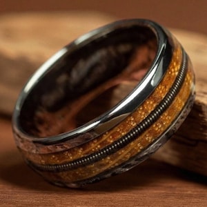 Hammered Black Tungsten Ring: Blue Opal Inlay Men&#39;s Wedding Band