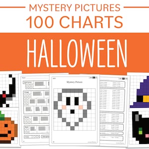 May include: A set of 100 Halloween-themed mystery picture charts. Each chart features a pixelated image of a Halloween character, such as a bat, pumpkin, witch, and cat. The charts are designed to be used as a fun and engaging activity for children.