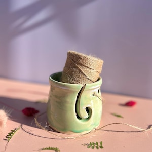 Può includere: Una ciotola per filato in ceramica verde chiaro con una guida a spirale per filato e una palla di spago naturale all'interno. La ciotola ha una finitura lucida e poggia su una superficie rosa con verde sparso e petali di fiori rossi.