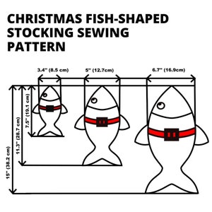 Puede incluir: Diagrama que muestra tres tamaños diferentes de calcetines de Navidad con forma de pez. Los calcetines miden 8,6 cm, 12,7 cm y 17 cm de largo. Los calcetines son blancos con ribetes rojos y una banda roja y blanca.