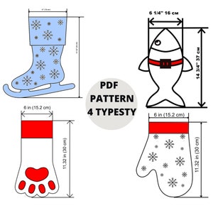 May include: Four printable PDF patterns for holiday-themed oven mitts. The patterns include a blue ice skate, a red paw print, a red and white mitten with snowflakes, and a white fish with a red belt. Each pattern includes measurements in inches and centimeters.
