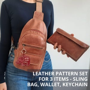 Conjunto de bolso bandolera de piel, cartera de piel y llavero de elefante