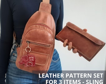 Set of leather sling bag, leather wallet and elephant keychain