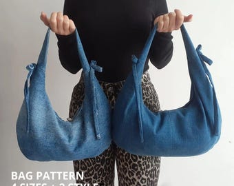 May include: Two crescent-shaped denim hobo bags in different shades of blue, each featuring knotted shoulder straps and a slouchy silhouette. The text on the image reads: BAG PATTERN 4 SIZES + 2 STYLES.