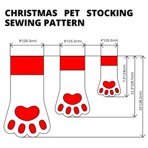 May include: A sewing pattern for a Christmas stocking shaped like a paw print. The pattern includes measurements in inches and centimeters. The stocking is red and white.