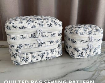 Gewatteerde kubusvormige reismake-uptas met meerdere niveaus pdf-patroon + videotutorial, set van twee maten