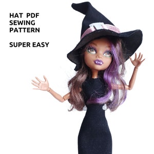 May include: A black witch hat with a pink ribbon and a brown doll wearing a black dress and purple hair. The text "HAT PDF SEWING PATTERN SUPER EASY" is written on a white background.