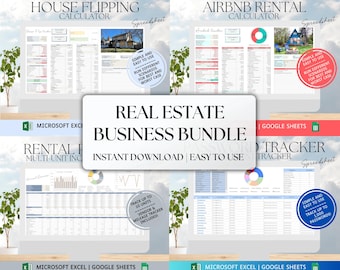 Può includere: Un pacchetto di prodotti digitali per professionisti immobiliari. Il pacchetto include quattro fogli di calcolo: Calcolatore di ribaltamento di case, Calcolatore di affitto Airbnb, Tracciamento dei redditi delle proprietà in affitto multi-unità e Tracciamento delle password. I fogli di calcolo sono disponibili nei formati Microsoft Excel e Google Sheets.