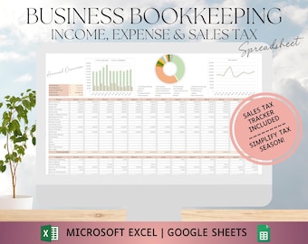 Small Business Bookkeeping Spreadsheet with Sales Tax Tracking: Accounting Profit and Loss Template Excel & Google Sheets Digital Download