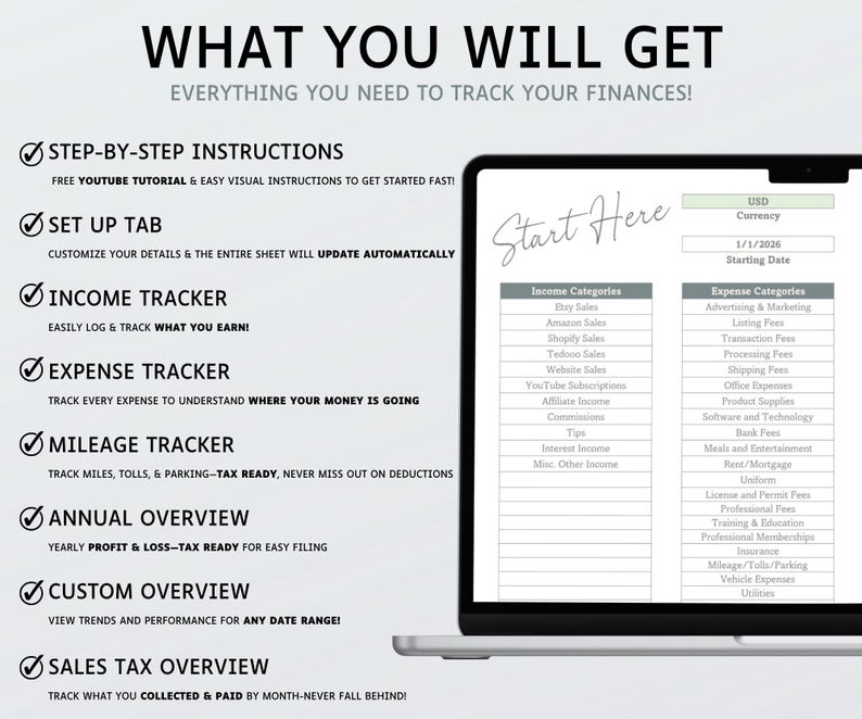 1099 Self-Employed Bookkeeping Spreadsheet | Income and Expense Tracker | Profit and Loss | Excel | Google Sheets | Accounting | Tax Tracker image 2