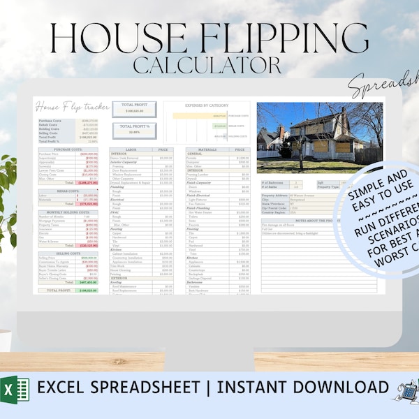 Foglio di calcolo per la calcolatrice per il ribaltamento della casa / Excel / Investimenti immobiliari / Correzione e ribaltamento / Flipping della proprietà immobiliare / Budget di ristrutturazione