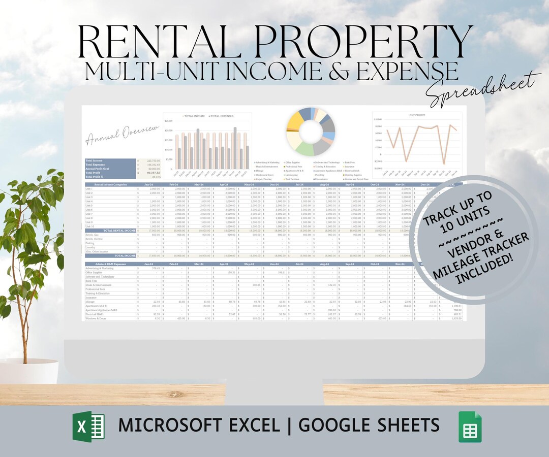 Printable Rental Bookkeeping Rental Property Bookkeeping Spreadsheet: Real Estate Accounting Profit ...