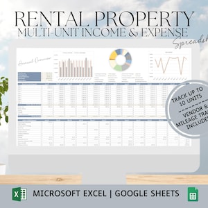 May include: A computer screen displaying a spreadsheet for tracking rental property income and expenses. The spreadsheet is titled "Rental Property Multi-Unit Income & Expense Spreadsheet". The spreadsheet includes a chart, graphs, and tables. The text "TRACK UP TO 10 UNITS VENDOR & MILEAGE TRACKER INCLUDED!" is displayed on the screen. The spreadsheet is compatible with Microsoft Excel and Google Sheets.