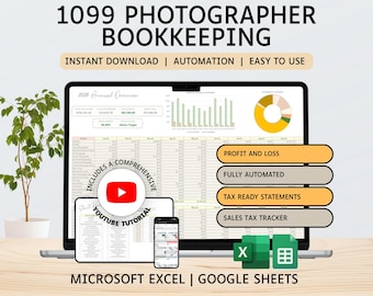 Photographer 1099 Bookkeeping | Income and Expense Tracker | Profit and Loss | Excel | Google Sheets | Accounting | Finance | Tax Tracker