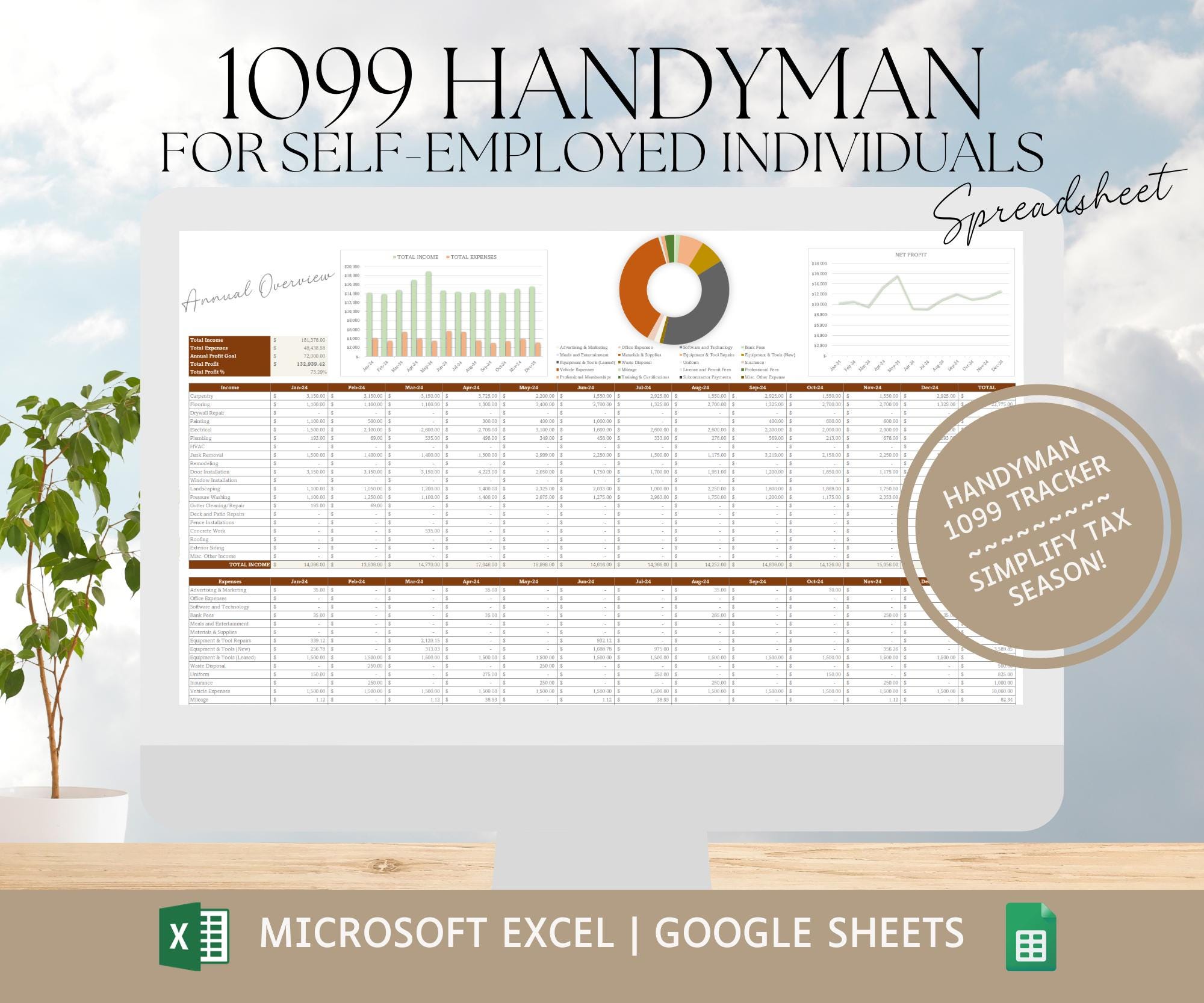Handyman 1099 Bookkeeping Spreadsheet | Excel | Google Sheets | Finance Spreadsheet | Income and Expense Tracker | Profit and Loss