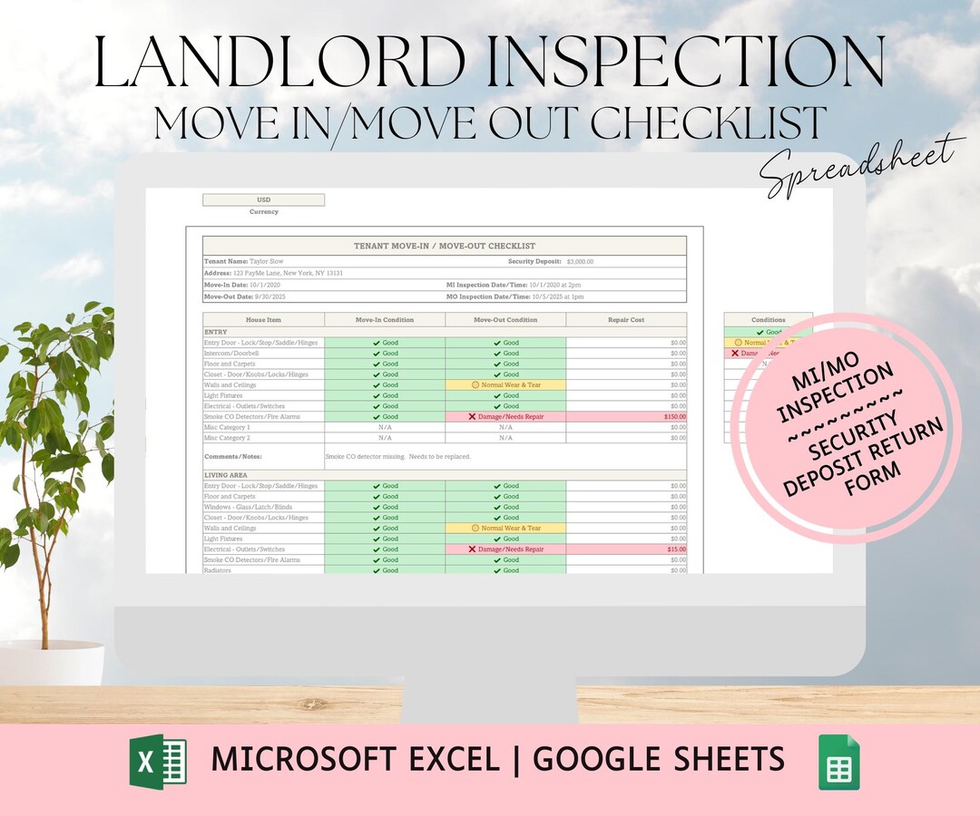 Move in Move Out Checklist for Landlords | Security Deposit Form ...