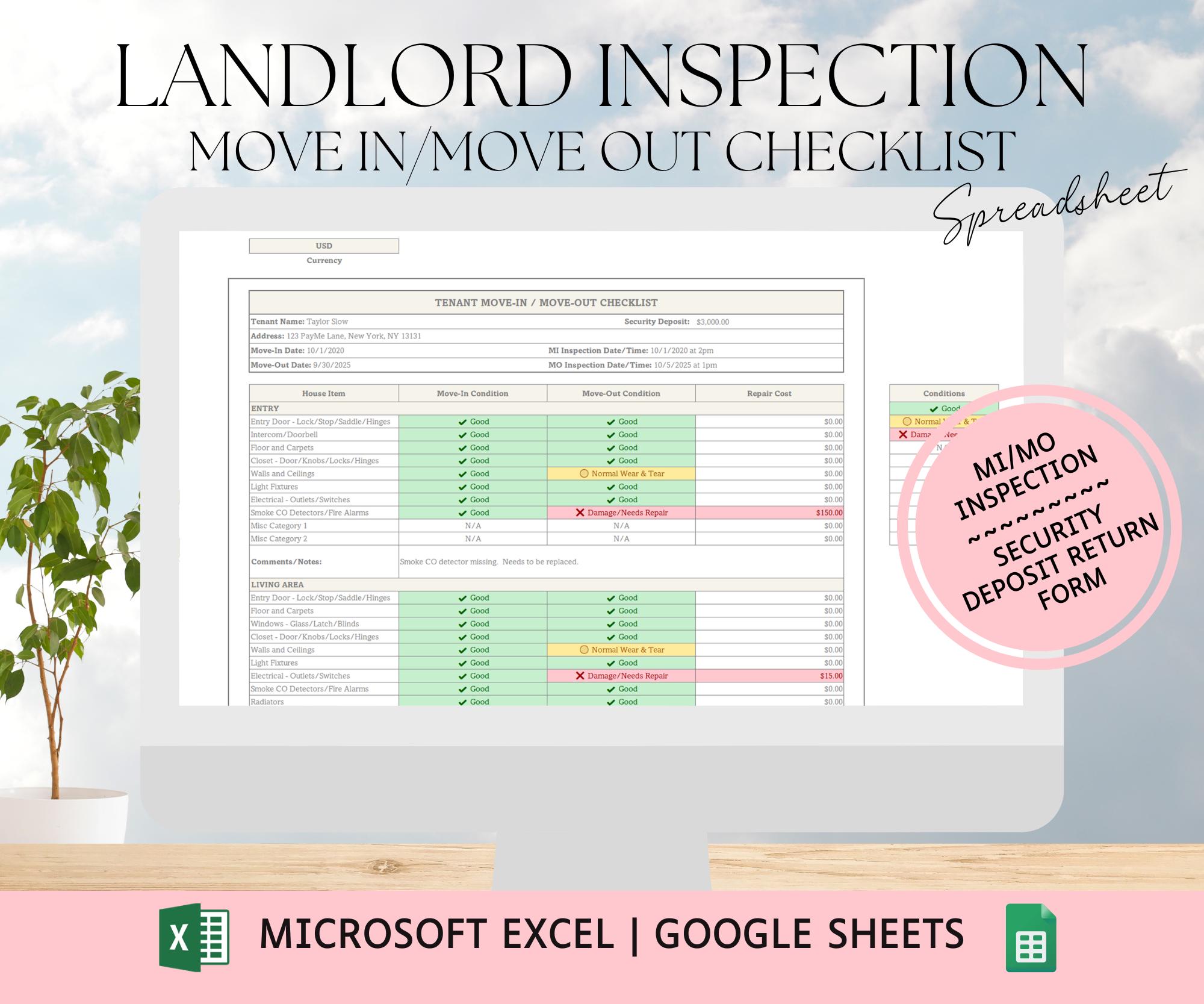 Move in Move Out Checklist for Landlords | Security Deposit Form ...
