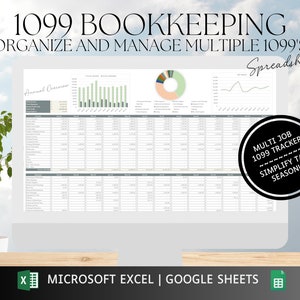 以下が含まれることがあります： 1099 フォームを整理して管理するためのスプレッドシートが表示されたコンピューター画面。スプレッドシートには、グラフ、円グラフ、および異なる月の列を含む表が含まれています。画面の上部には「1099 BOOKKEEPING」というテキストが表示されています。画面の右側には円の中に「MULTI JOB 1099 TRACKER SIMPLIFY TAX SEASON!」というテキストが表示されています。画面の下部には「MICROSOFT EXCEL | GOOGLE SHEETS」というテキストが表示されています。