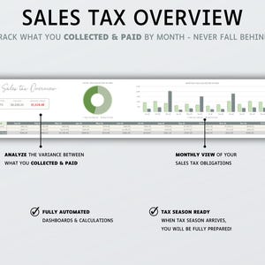 May include: A digital sales tax overview spreadsheet template for 2026 featuring a donut chart, a bar graph, and a data table. The layout includes sections for tracking collected and paid taxes by month, with automated calculations and dashboards.