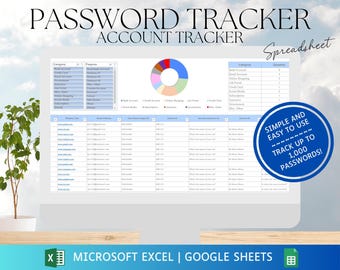 Password Tracker: Printable Excel & Google Sheets Digital Download