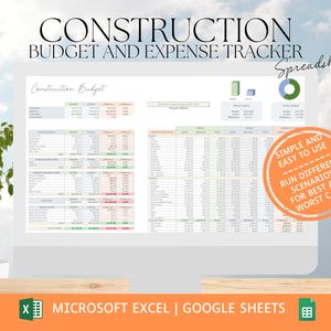以下が含まれることがあります： Microsoft Excel または Google Sheets で作成された、建設予算と費用の追跡スプレッドシートが表示されたコンピューター画面。このスプレッドシートは、ユーザーが建設費用と経費を追跡するのに役立ち、最良の場合と最悪の場合のさまざまなシナリオを実行するための機能が含まれています。