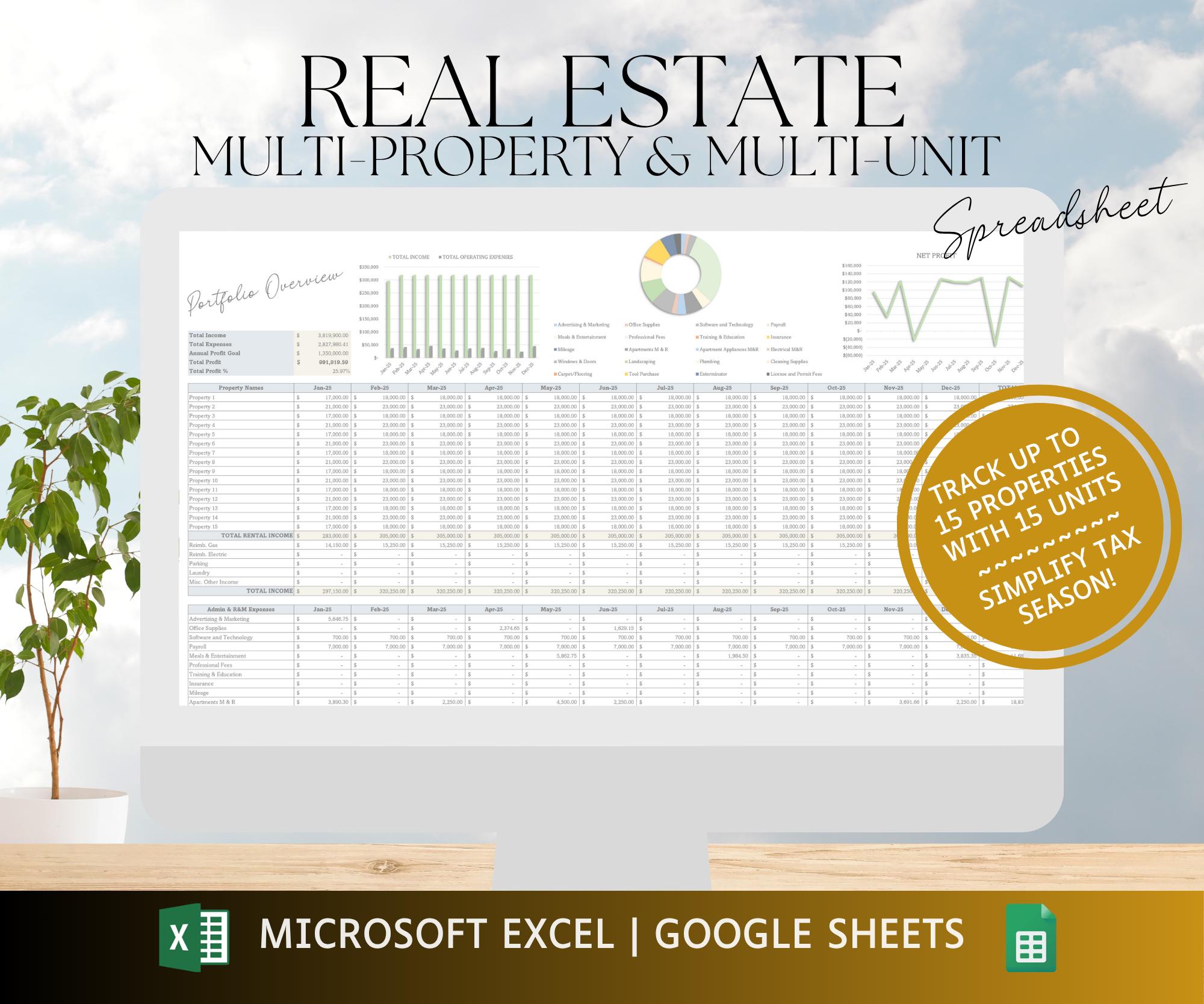 Printable Rental Bookkeeping Rental Portfolio Bookkeeping Spreadsheet: Real Estate Accounting Multi ...
