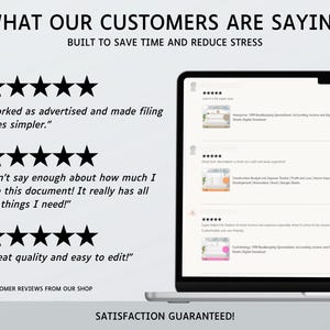 May include: A digital graphic displaying customer reviews with five-star ratings and testimonials. Text includes WHAT OUR CUSTOMERS ARE SAYING, BUILT TO SAVE TIME AND REDUCE STRESS, and SATISFACTION GUARANTEED. A laptop screen shows a list of reviews.