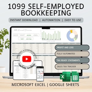 1099 Bokföringsblad för egenföretagare | Inkomst- och kostnadsspårning | Vinst och förlust | Excel | Google Kalkylark | Redovisning | Skattespårning