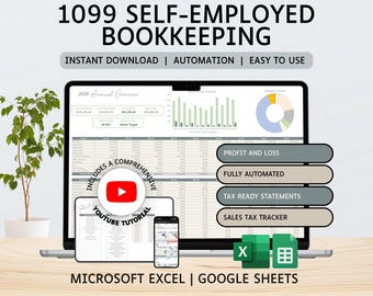 Hoja de cálculo de contabilidad para trabajadores autónomos (formulario 1099) / Registro de ingresos y gastos / Pérdidas y ganancias / Excel / Google Sheets / Contabilidad / Seguimiento de impuestos
