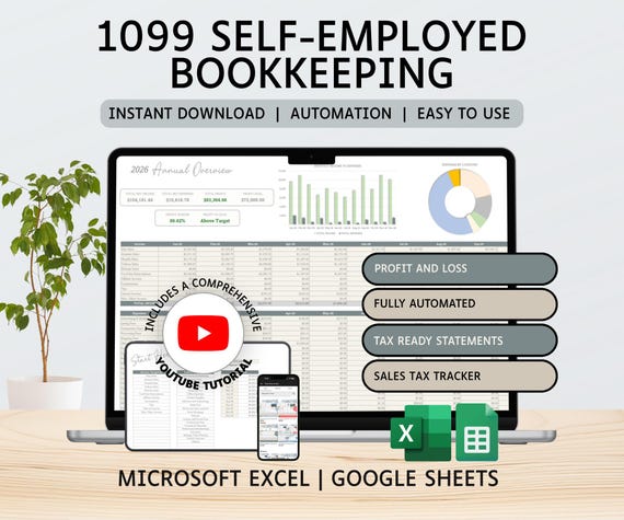 1099 Self-Employed Bookkeeping Spreadsheet | Income and Expense Tracker | Profit and Loss | Excel | Google Sheets | Accounting | Tax Tracker