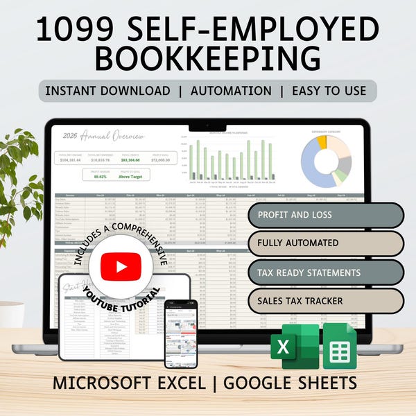1099 Bokföringsblad för egenföretagare | Inkomst- och kostnadsspårning | Vinst och förlust | Excel | Google Kalkylark | Redovisning | Skattespårning