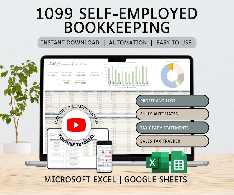1099 Self-Employed Bookkeeping Spreadsheet | Income and Expense Tracker | Profit and Loss | Excel | Google Sheets | Accounting | Tax Tracker image 1