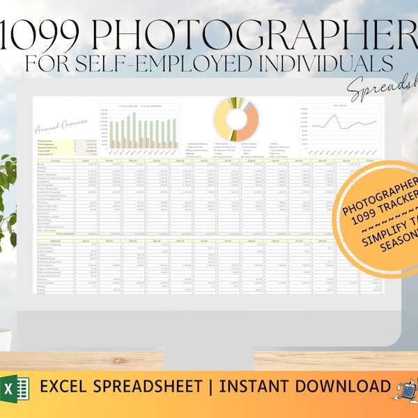 Fotógrafo 1099 Hoja de cálculo de contabilidad / Excel / Hoja de cálculo de finanzas / Seguimiento de ingresos y gastos / Pérdidas y ganancias / Temporada de impuestos