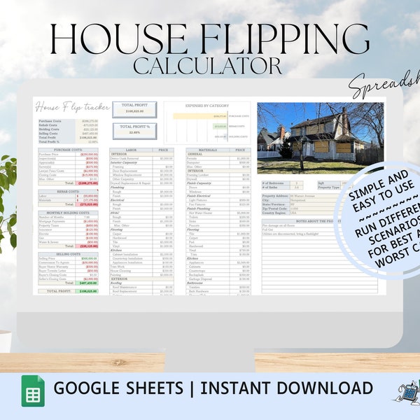 House Flipping Calculator Spreadsheet | Google Sheets | Investment Property | Fix and Flip | Real Estate Property Flip | Renovation Budget