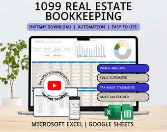 Real Estate Agent 1099 Bookkeeping | Income and Expense Tracker | Profit and Loss | Excel | Google Sheets | Accounting | Finance Spreadsheet